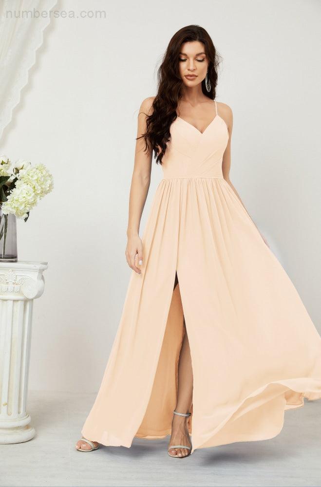 Neck Bridesmaid Dresses Chiffon Long Spaghetti A-line Formal Prom Gown for Wedding Party Evening 2801