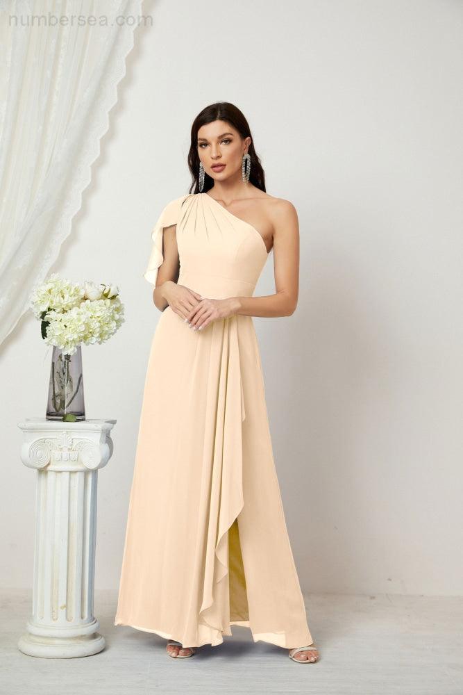 Chiffon Ruffled One Shoulder Long Bridesmaid Dresses A-line Formal Evening Gown Side Split 2809