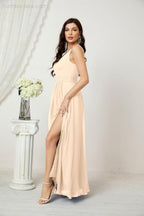 Chiffon V-Neck Bridesmaid Dress Spaghetti Strap Long Formal Party Prom Gowns with Slit 28010