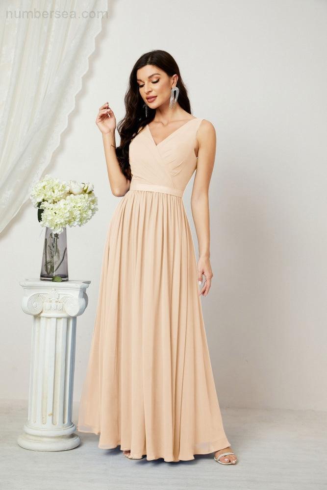 Abiti lunghi da damigella in chiffon da donna, linea a, senza maniche, abito formale da ballo per serata, abiti per festa di ritorno a casa 2808