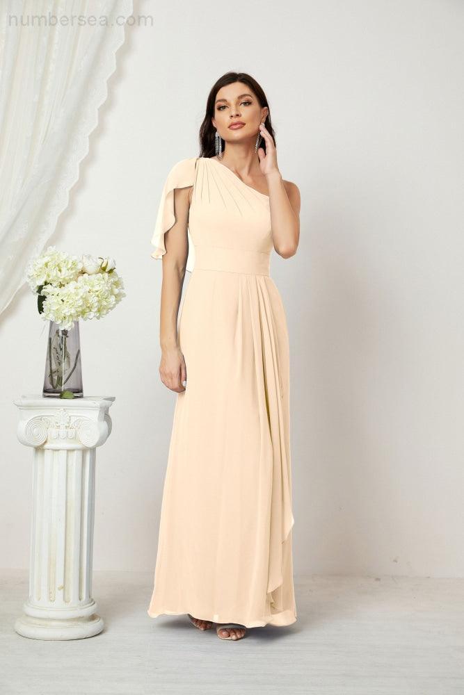 Chiffon Ruffled One Shoulder Long Bridesmaid Dresses A-line Formal Evening Gown Side Split 2809