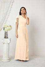 Chiffon Ruffled One Shoulder Long Bridesmaid Dresses A-line Formal Evening Gown Side Split 2809
