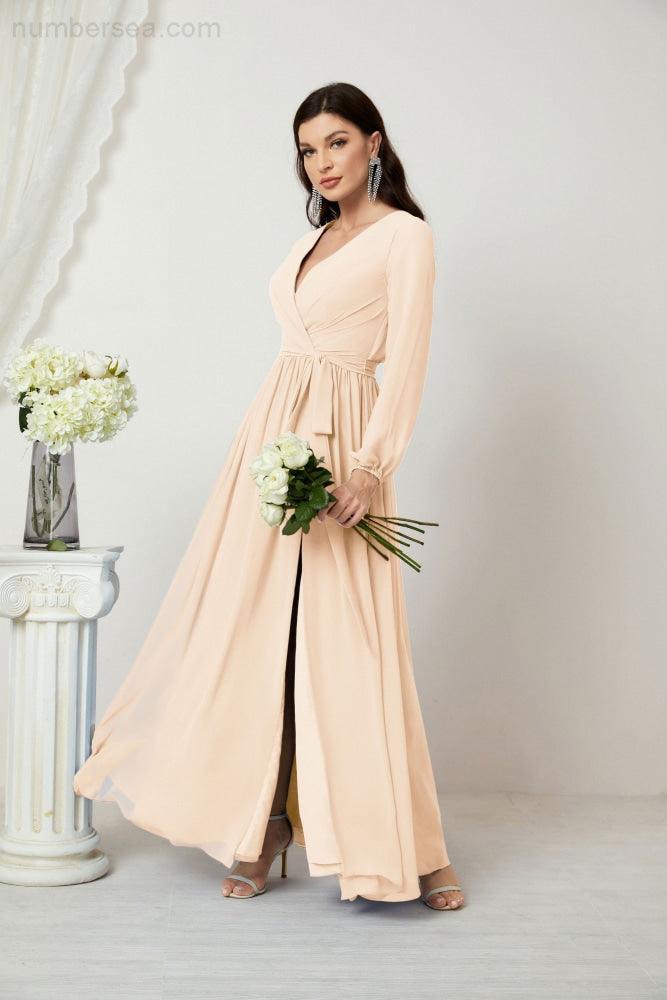 Evening Dresses Deep V-Neck Chiffon Bridesmaid Dresses Long Bishop Sleeve Side Split Formal Dress 2806