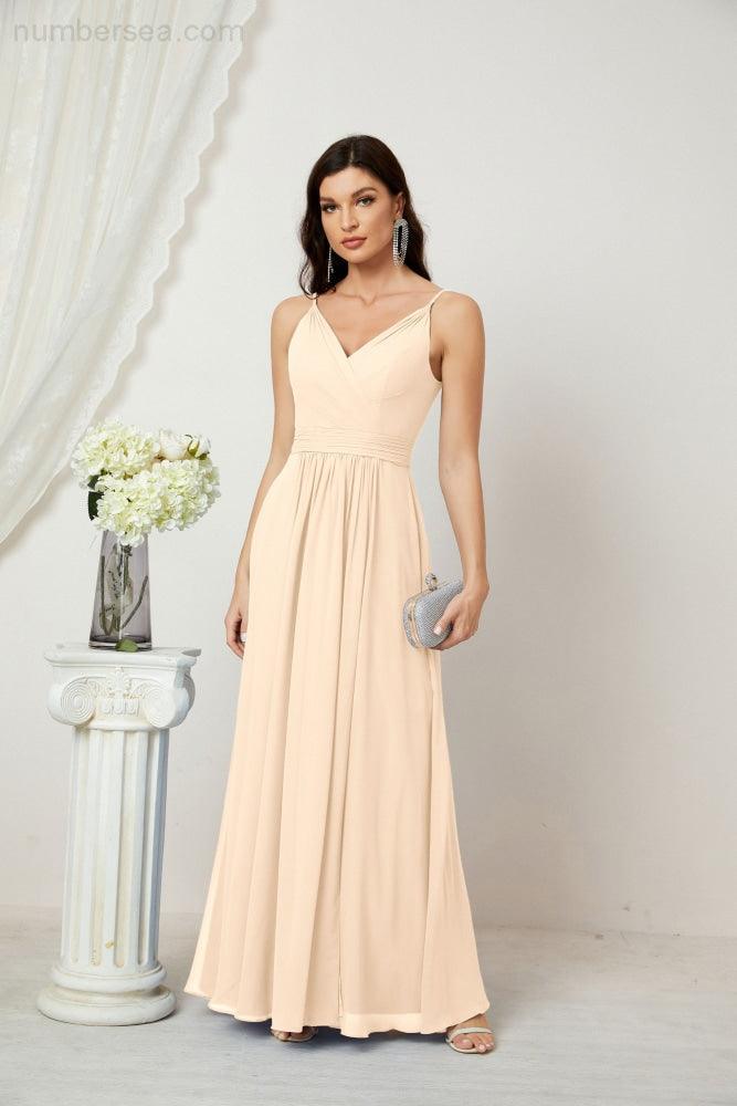 Chiffon V-Neck Bridesmaid Dress Spaghetti Strap Long Formal Party Prom Gowns with Slit 28010