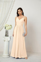 Chiffon V-Neck Bridesmaid Dress Spaghetti Strap Long Formal Party Prom Gowns with Slit 28010