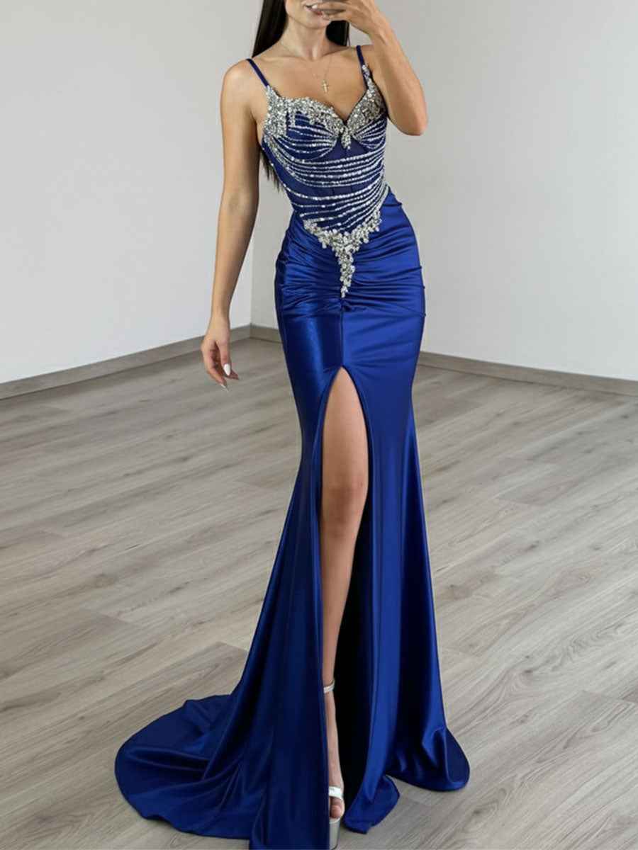 Gold Satin Prom Dress With Beaded Corset Bodice And Side Slit