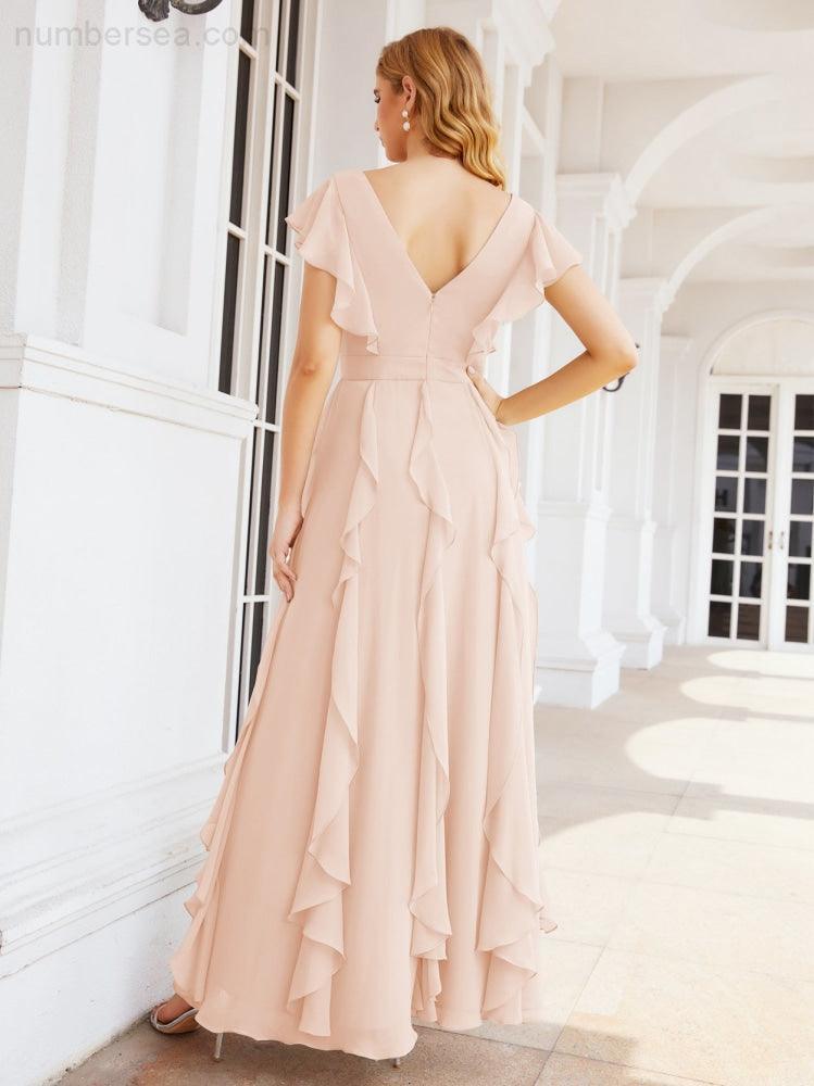 Ruffled Bridesmaid Dresses with Sleeves Long Formal Party Dress 28041