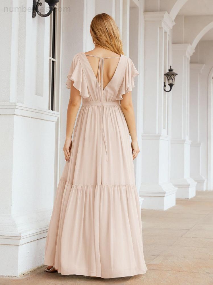 Abiti da sera formali da donna Numbersea con schiena scoperta, scollo a V, lunghi in chiffon, abiti da damigella con cintura in vita 28038