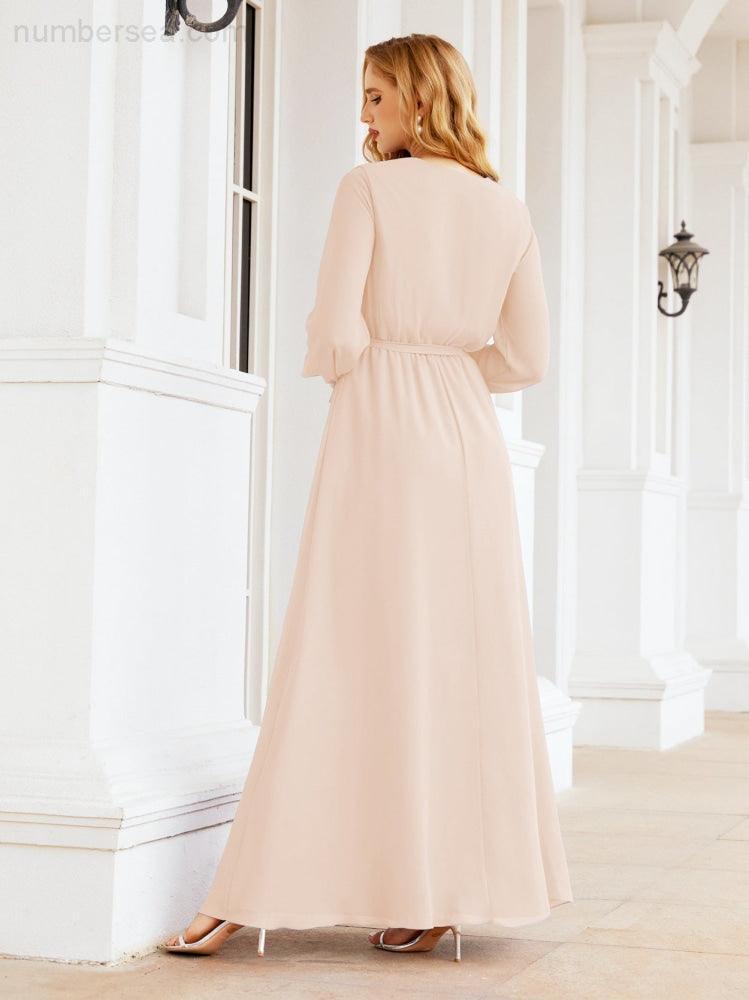 Vestito da damigella d'onore in chiffon da donna Numbersea, linea a trapezio, maniche lunghe, abito lungo formale da sera per ospite di matrimonio 28032