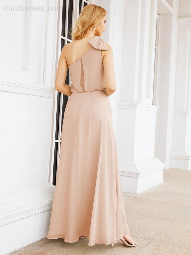 Chiffon Ruffled One Shoulder Sleeveless Long Bride Dresses A-line Formal Evening Gown Side Split 28057