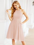 Halter Chiffon Bridesmaid Dresses Short Sleeveless Formal Party Dress Open Back 28023