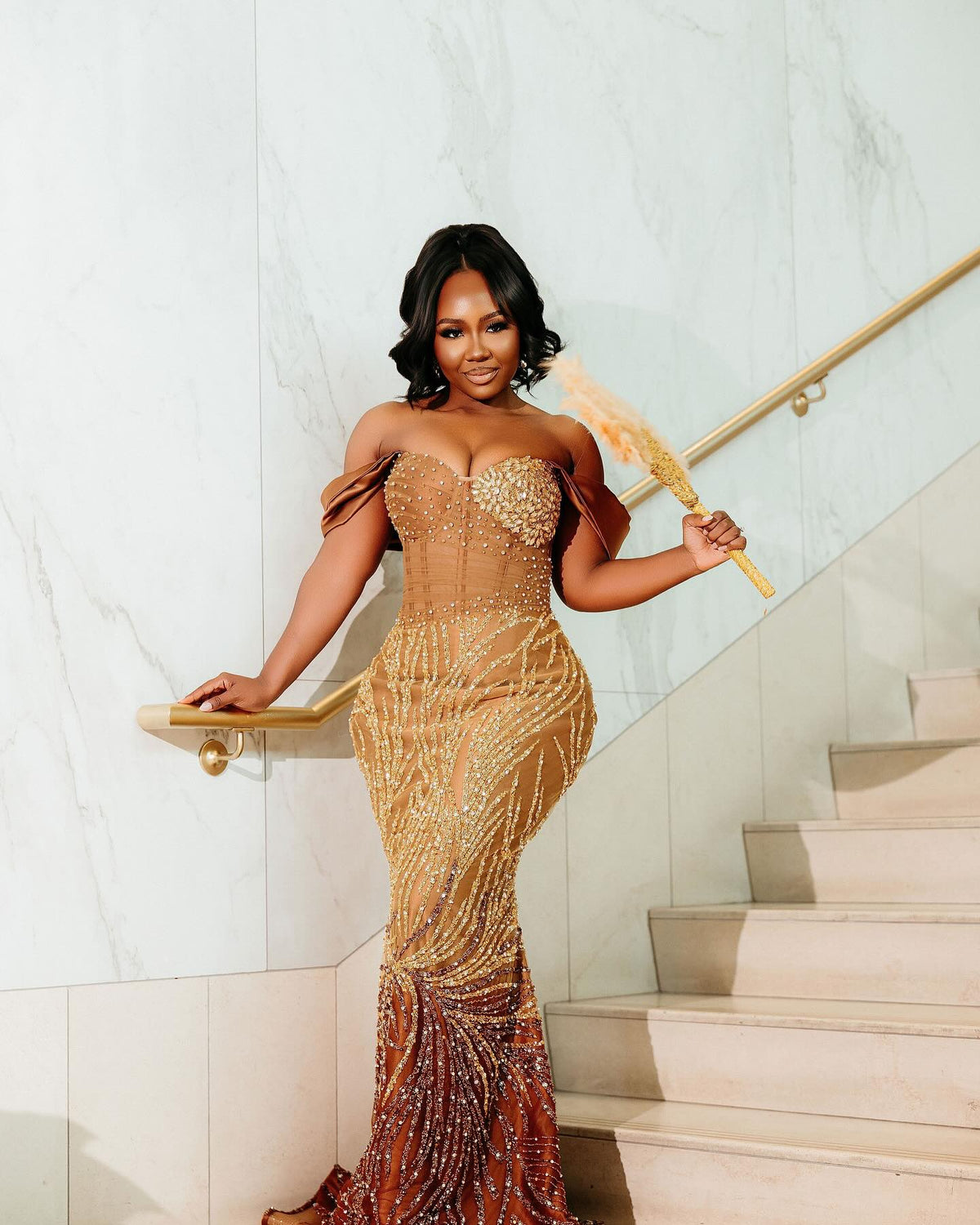 Golden Sunset Ombre Beaded Mermaid Prom Dress With Feather Trim