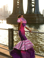 Vestido de baile sereia magenta e roxo real com folho inspirado na herança