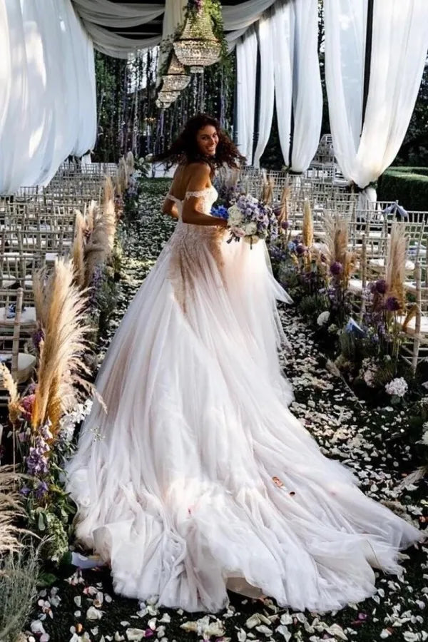 Chic A Line Off The Shoulder Lace Tulle Wedding Dress