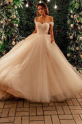 Elegant Tulle Off The Shoulder A Line Long Wedding Dress With Chapel Train