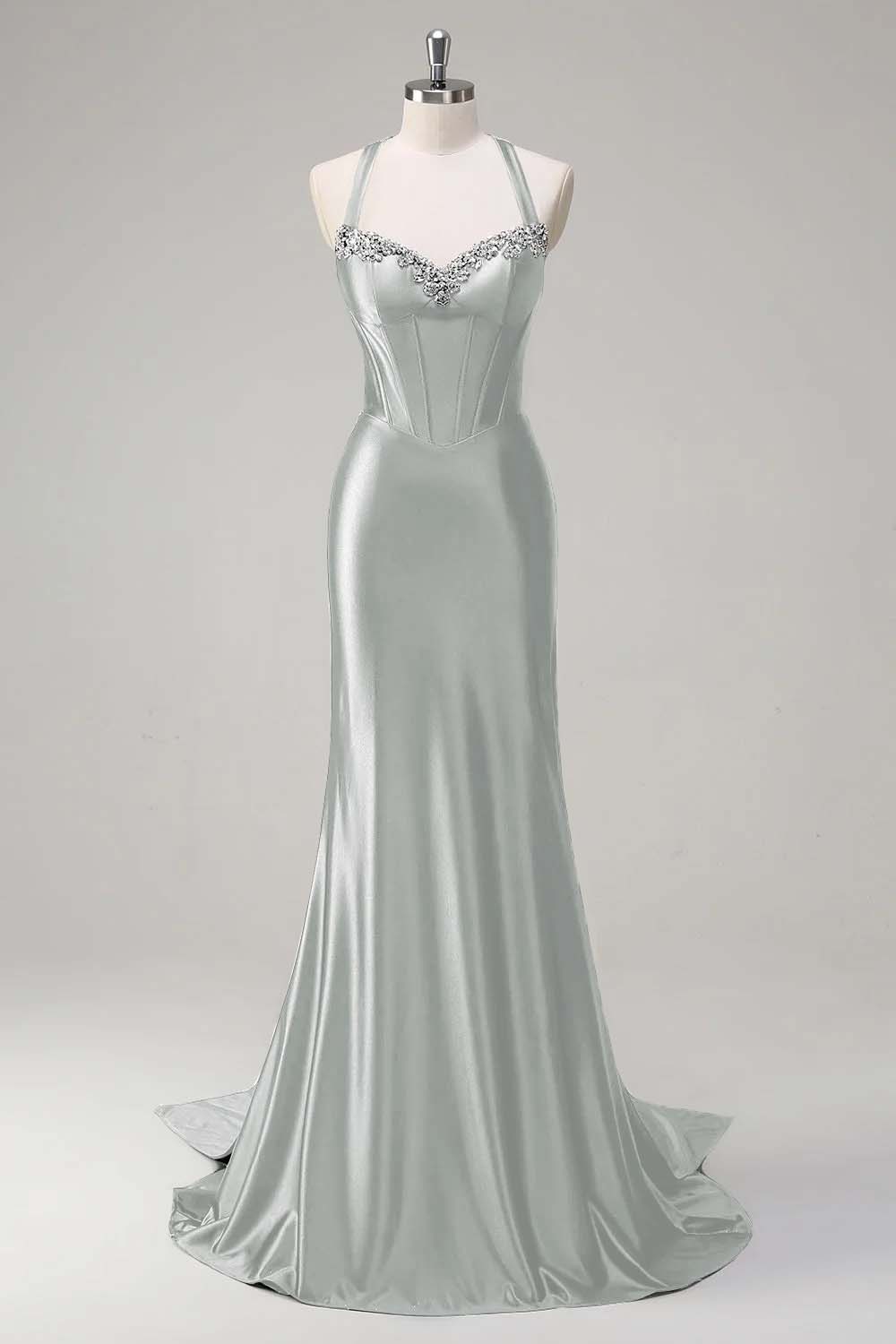 Halter Neck Sleeveless Long Mermaid Prom Dress With Beading Pleated