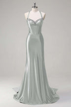 Halter Neck Sleeveless Long Mermaid Prom Dress With Beading Pleated