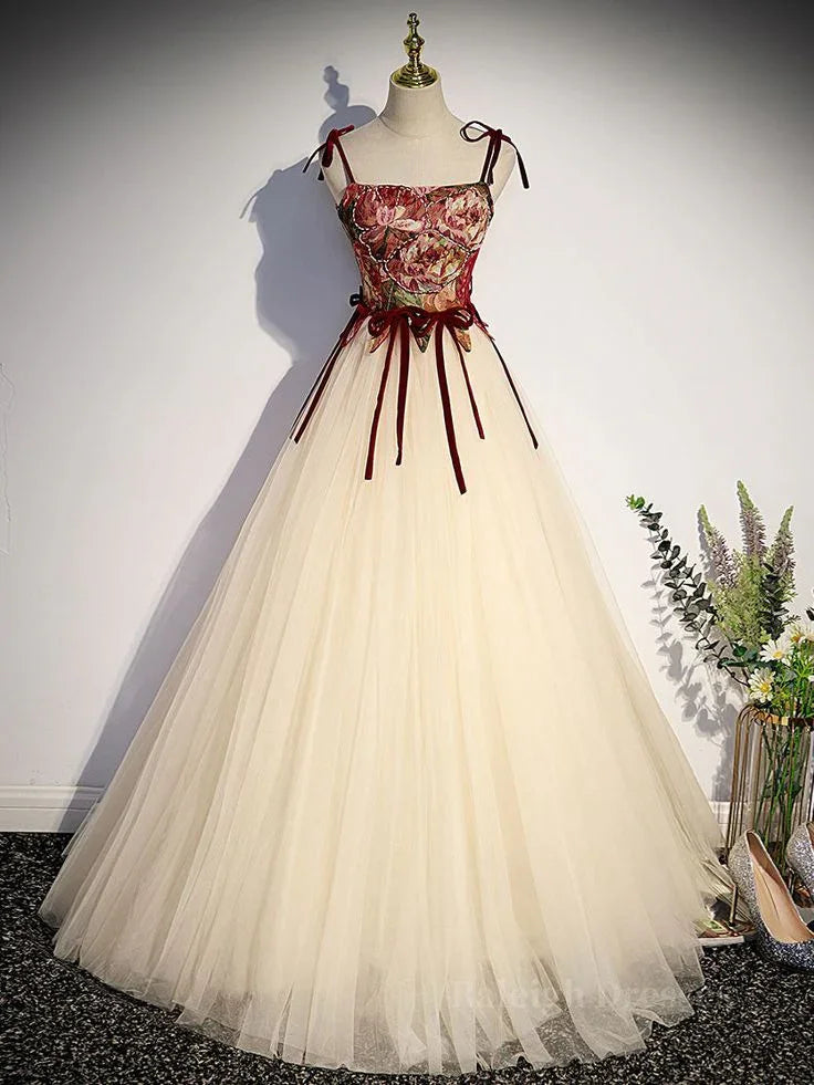 Vestido Vintage de Tule Comprido em Linha A para Baile com Alças Finas Vestido de Noite Vestido de Gala Y7662