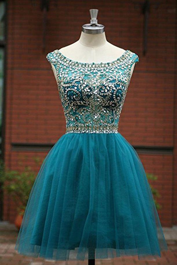 Abito da cerimonia per ragazze in tulle verde con perline, scollo a barchetta e linea a trapezio