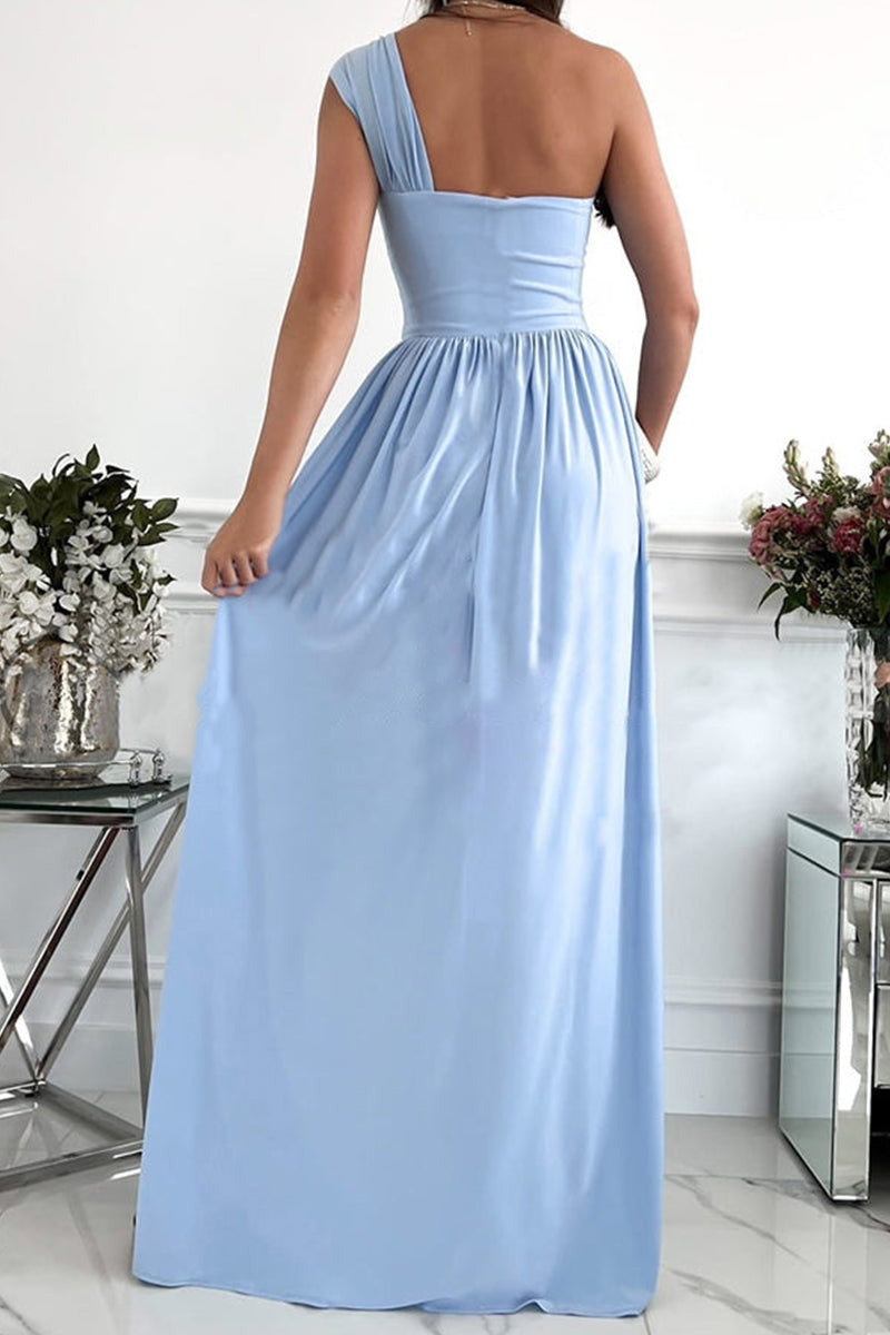 Moda sexy sólido sem costas com fenda vestidos de noite de um ombro (7 cores)