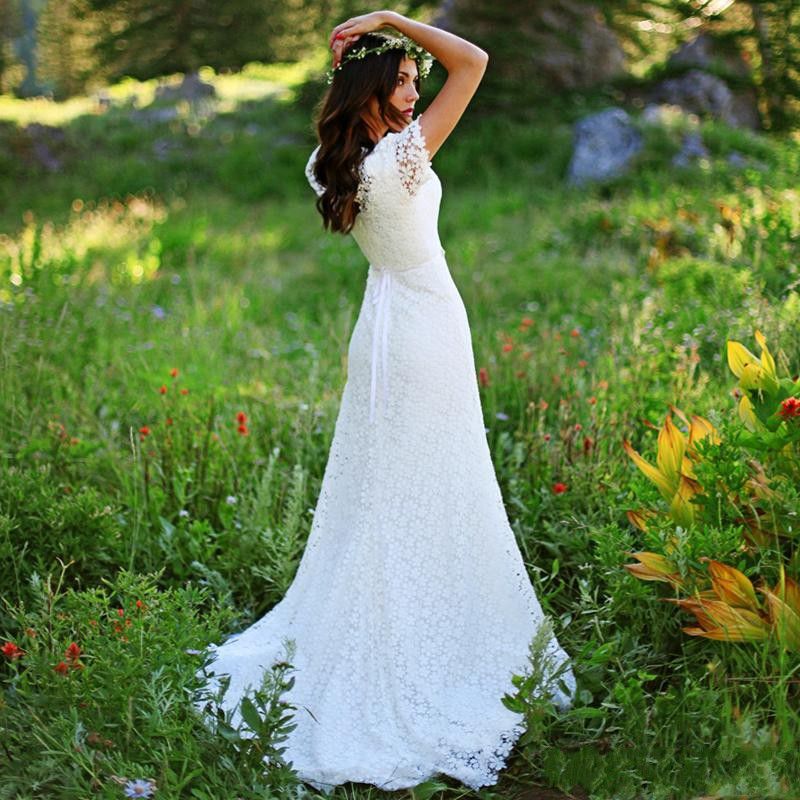 Bmbridal Short Sleeves Lace Boho Wedding Dress Zipper Back Floor Length On Sale