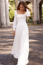 Square Neckline A Line Long Sleeve Wedding Dress For Elegant Bridal