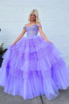 Tulle Off-the-Shoulder Ruffle Tiered Long Prom Dress