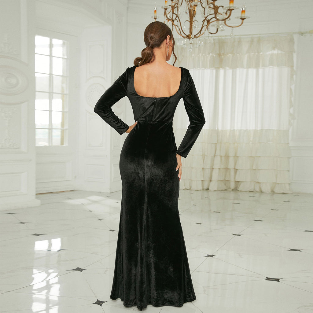 Abito da Sera Elegante e Sensuale con Maniche Lunghe in Velluto, Collo Quadrato, Spacco e Ideale per Matrimoni, Cerimonie e Riunioni Annuali