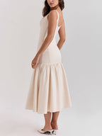 Abito Midi con Scollo Quadrato Elegante, Spalline Larghe e Vita Cadente