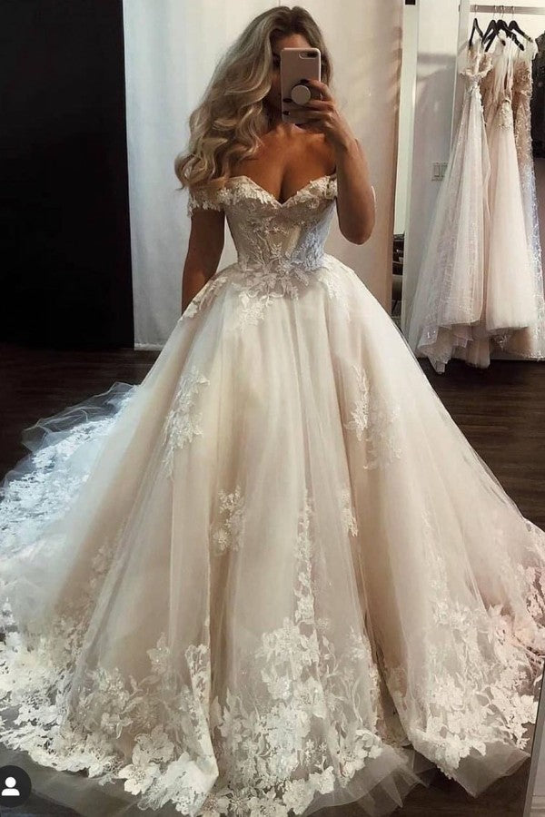 Classy Off Shoulder Long A Line Wedding Dress With Tulle Lace