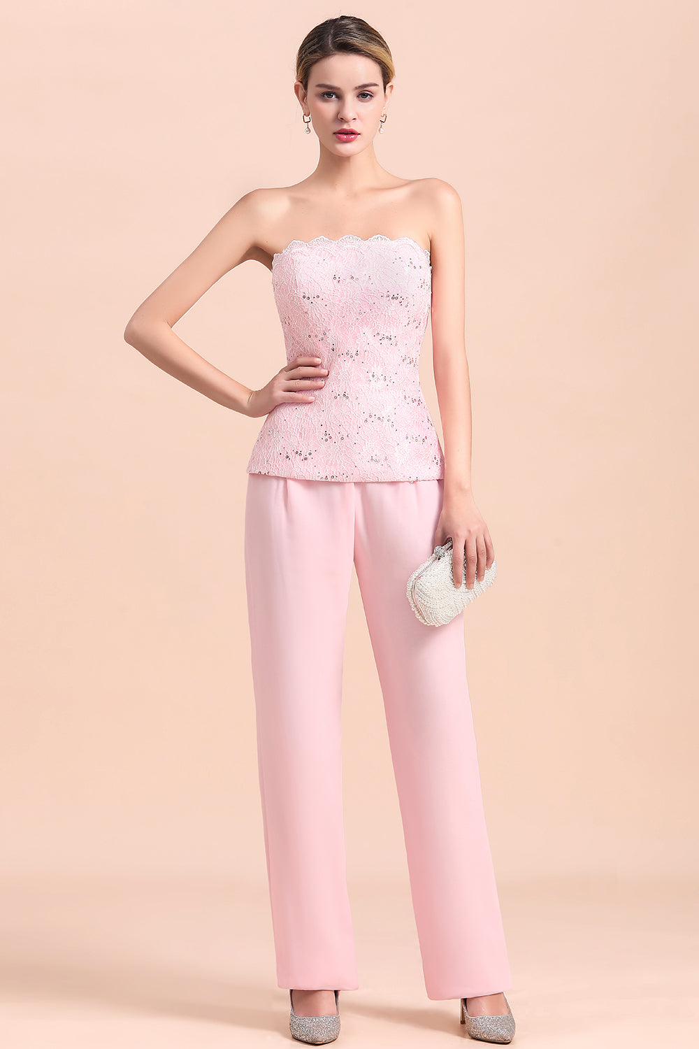 BMbridal Elegant Strapless Appliques Mother of Bride Jumpsuit with Long Sleeves Wraps