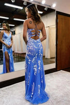Ainhoa | Glitter Blue Mermaid Lace Long Prom Dress with Slit