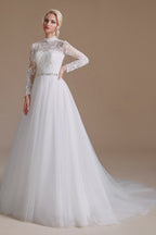Luxury Long Sleeves A Line High Neck Wedding Dress With Tulle Lace
