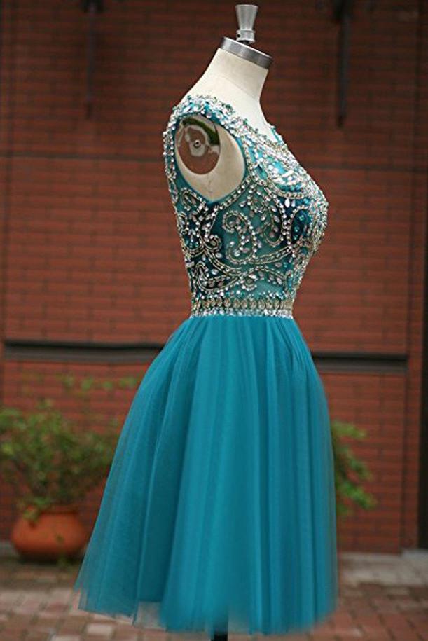 Abito da cerimonia per ragazze in tulle verde con perline, scollo a barchetta e linea a trapezio
