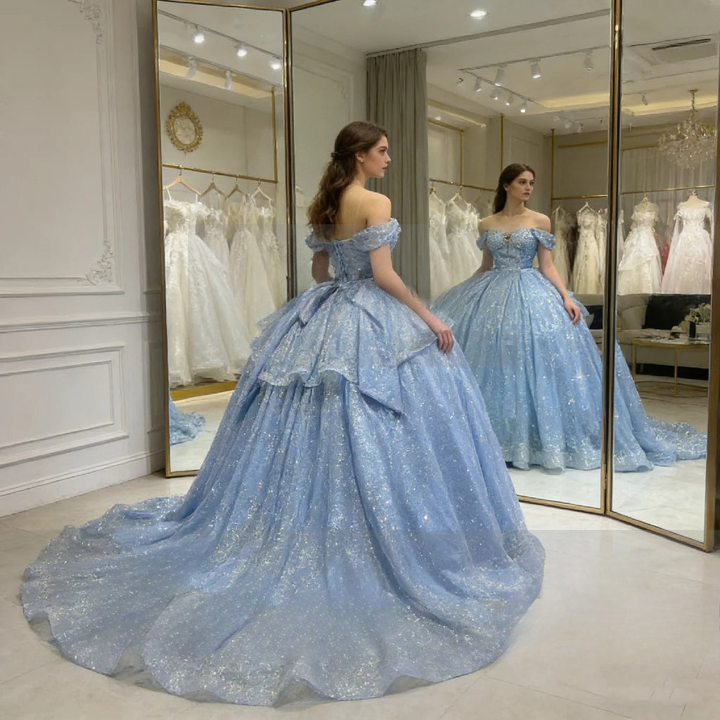 Imagem real céu azul boné manga pérolas em camadas vestido de baile tule shinny feminino festa de formatura ocasião wear quinceanera 15 personalizado