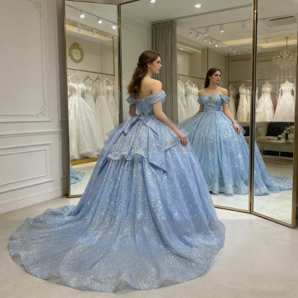 Imagem real céu azul boné manga pérolas em camadas vestido de baile tule shinny feminino festa de formatura ocasião wear quinceanera 15 personalizado