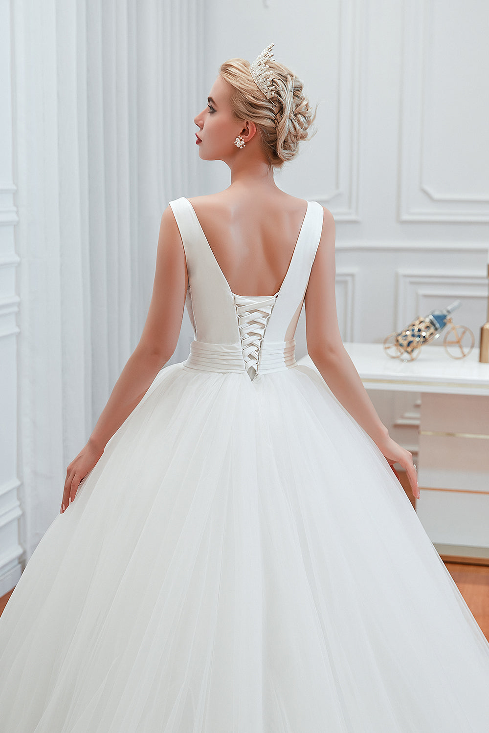 Charming V Neck Wide Straps Deep Floor Length A Line Tulle Wedding Dress