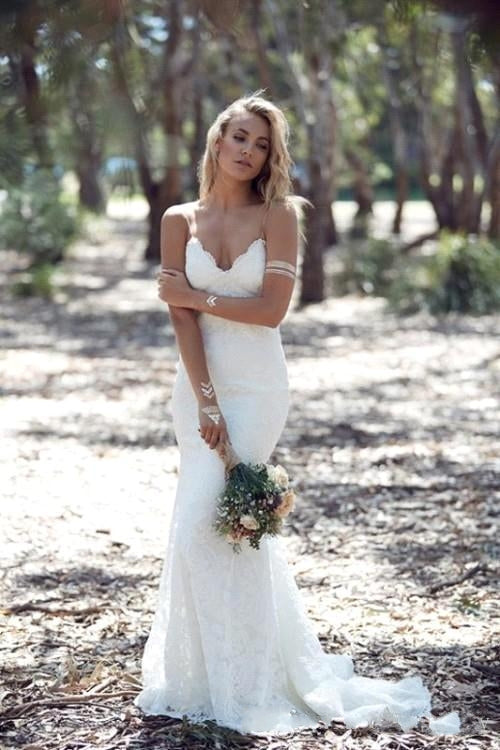 V Neck Open Back Spaghetti Straps Mermaid Lace Floral Wedding Dress