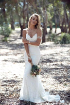 V Neck Open Back Spaghetti Straps Mermaid Lace Floral Wedding Dress