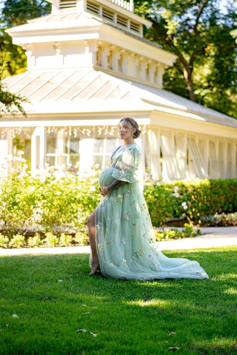 Vestido de Maternidade em Tule Bordado para Sessão Fotográfica Vestido de Baile com Fenda Vestido para Chá de Bebé e Gravidez
