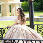Champagne Beaded Ball Gown Detachable Sleeves Quinceanera Dress 2026