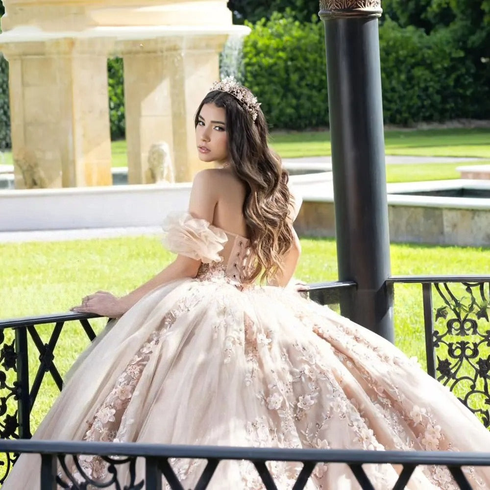 Champagne Beaded Ball Gown Detachable Sleeves Quinceanera Dress 2026
