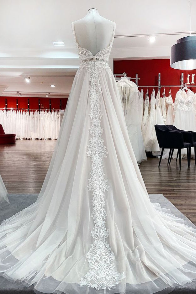 BMbridal Simply Sleeveless White Tulle Lace Ruffles A Line Wedding Dress Long