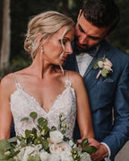 V Neck Lace Mermaid Wedding Dress With Spaghetti Straps And Court Train