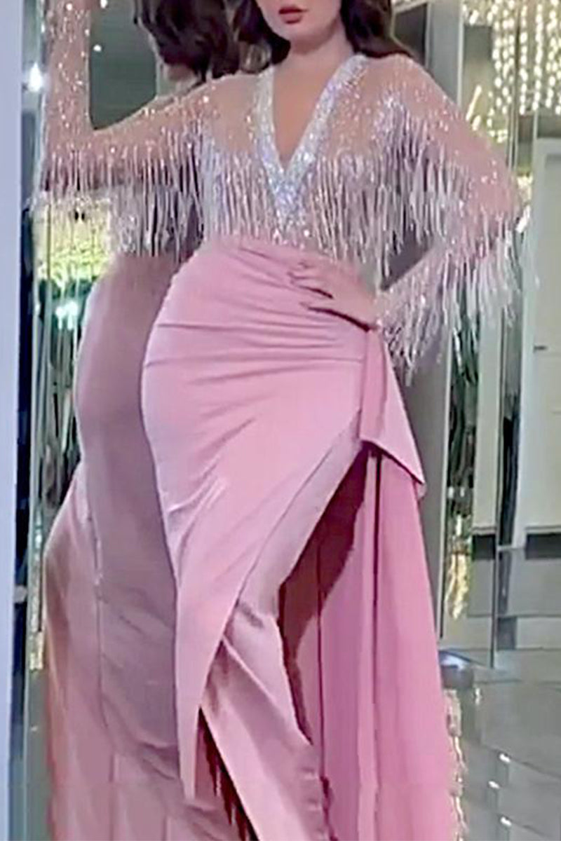 Abito da sera elegante e sensuale con scollo a V e frange color bronzo