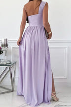 Moda sexy sólido sem costas com fenda vestidos de noite de um ombro (7 cores)