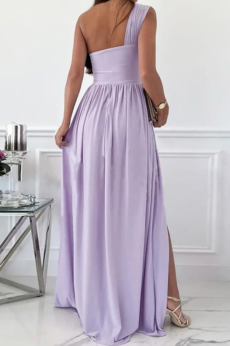 Moda sexy sólido sem costas com fenda vestidos de noite de um ombro (7 cores)