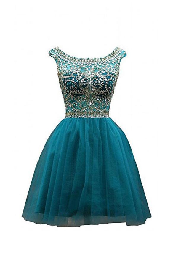 Abito da cerimonia per ragazze in tulle verde con perline, scollo a barchetta e linea a trapezio