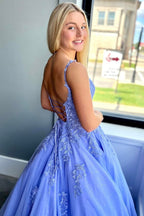 A-Line Spaghetti Strap Tulle Lace Prom Dress with Pockets
