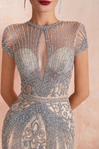 Robe longue de bal à perles de sirène élégante avec manches courtes